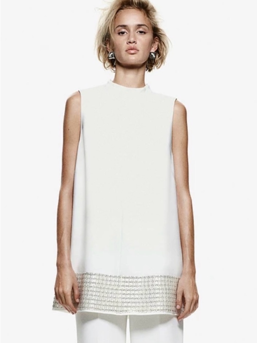 H&M Sleeveless White Tunic with Embellished Hem